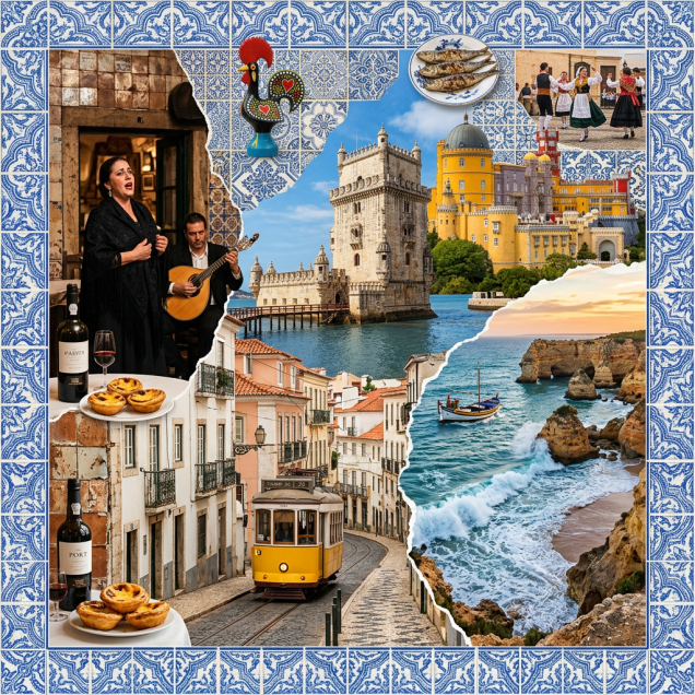 Collage of Portuguese singer with guitarist, pastel de nata pastries, yellow tram in Lisbon, Belem Tower, Pena Palace, coastal cliffs and boat, grilled sardines, traditional dancers